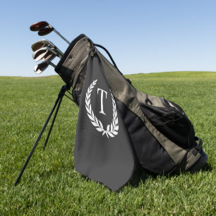 Classic Dark Gray & White Initial Laurel Monogram Golf Towel