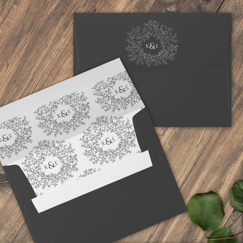 Classic dark gray white monogram art wedding envelope