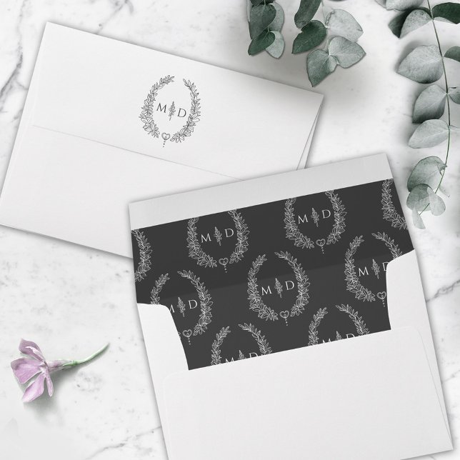 Classic dark gray white monogram wreath wedding envelope (Creator Uploaded)