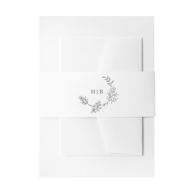 Classic Dark Gray Wreath Monogram Wedding Invitation Belly Band (Front Example)