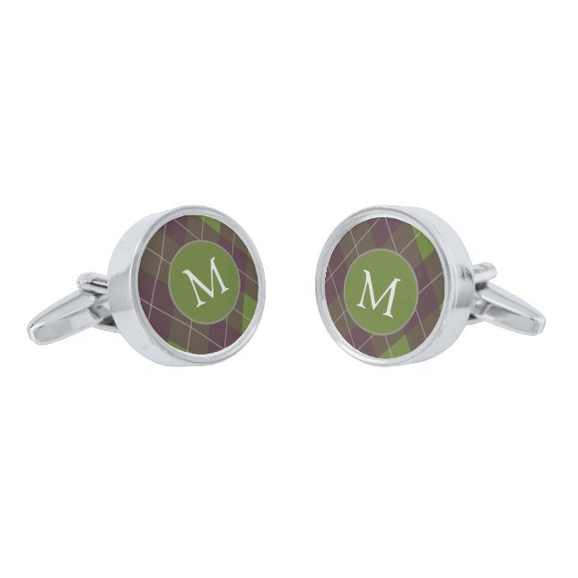 Classic Dark Green Argyle Pattern Monogram Cufflinks (Angled)