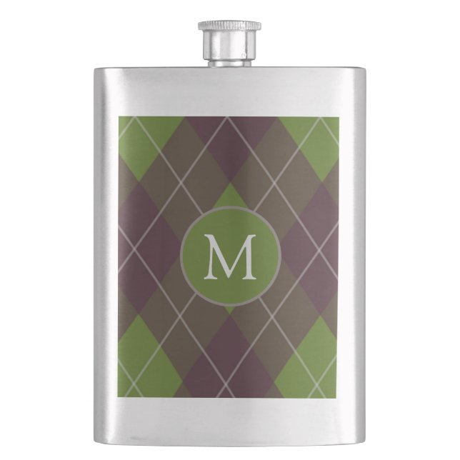 Classic Dark Green Argyle Pattern Monogram Flask (Front)