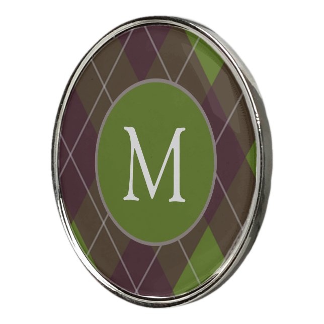 Classic Dark Green Argyle Pattern Monogram Golf Ball Marker (3/4)