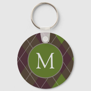 Classic Dark Green Argyle Pattern Monogram Keychain