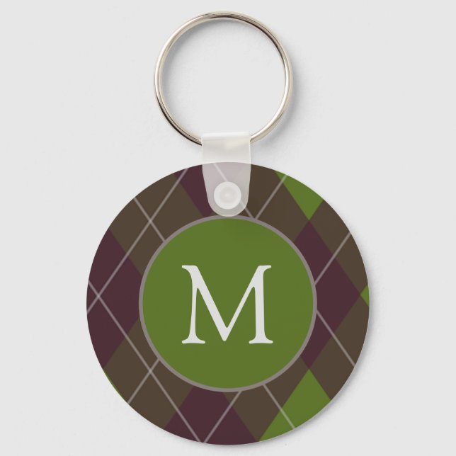 Classic Dark Green Argyle Pattern Monogram Keychain (Front)