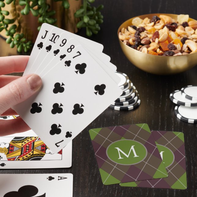Classic Dark Green Argyle Pattern Monogram Poker Cards (In Situ)