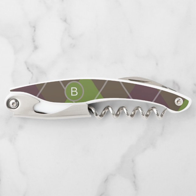 Classic Dark Green Argyle Pattern Monogram Waiter's Corkscrew (Front)