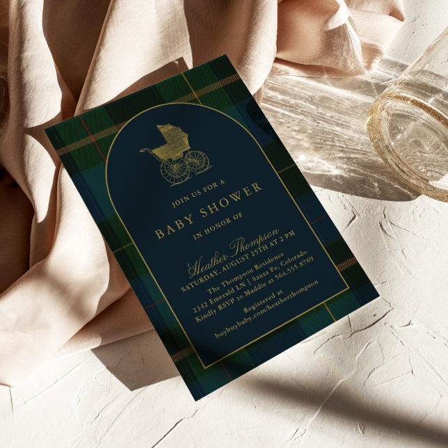 Classic Dark Green & Blue Plaid Baby Shower Invitation (Creator Uploaded)