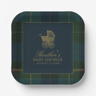 Classic Dark Green & Blue Plaid Baby Shower Paper Plates