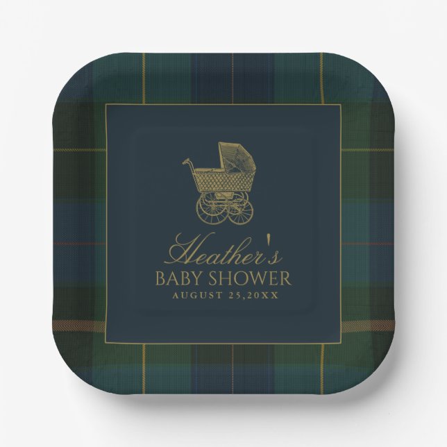 Classic Dark Green & Blue Plaid Baby Shower Paper Plates (Front)