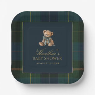 Classic Dark Green & Blue Plaid Baby Shower Paper Plates