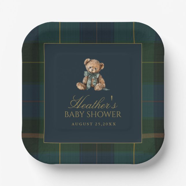 Classic Dark Green & Blue Plaid Baby Shower Paper Plates (Front)