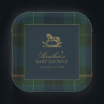 Classic Dark Green & Blue Plaid Baby Shower Paper Plates<br><div class="desc">Celebrate the little one on the way with a classic and elegant baby shower theme featuring deep dark green, rich navy blue, and shimmering gold accents. A timeless gold baby carriage is the centerpiece, paired with sophisticated dark plaid patterns for a touch of tradition and charm. This design blends refined...</div>