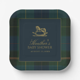 Classic Dark Green & Blue Plaid Baby Shower Paper Plates