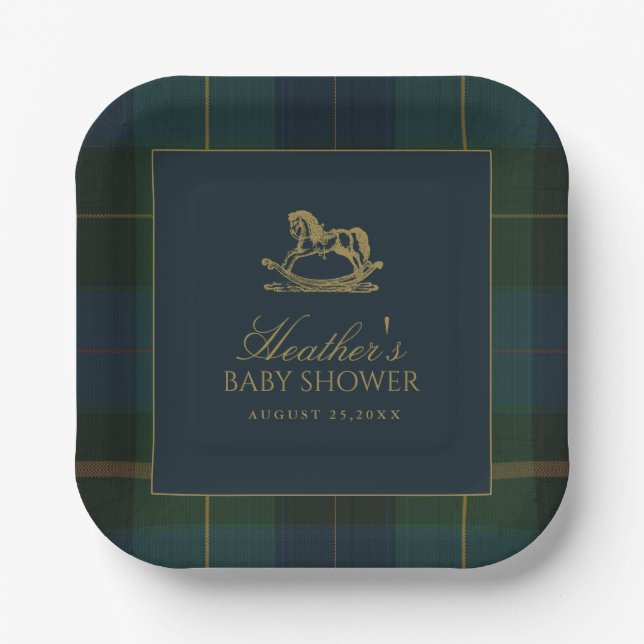 Classic Dark Green & Blue Plaid Baby Shower Paper Plates (Front)
