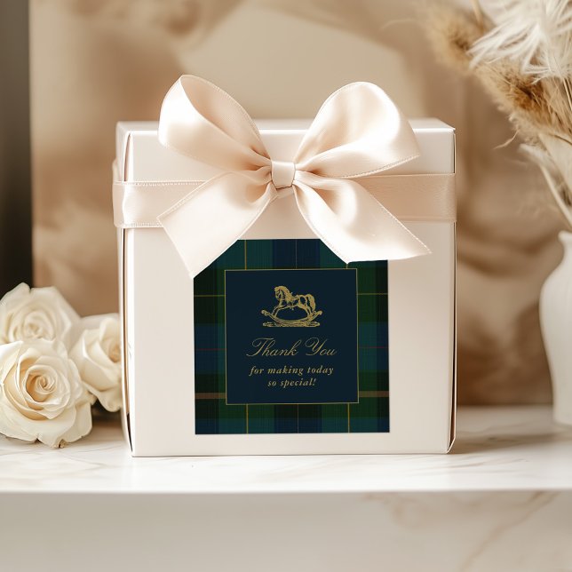 Classic Dark Green & Blue Plaid Baby Shower Square Sticker (Creator Uploaded)