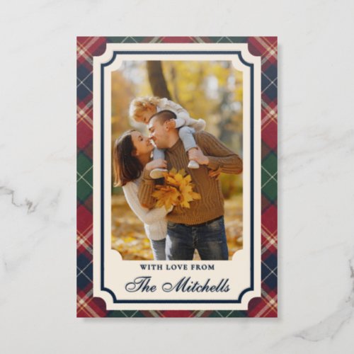 Classic Dark Green Blue Red Plaid Pattern Holiday Letterpress Photo Cards