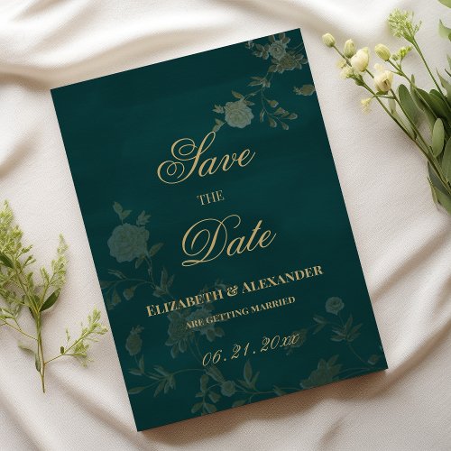 Classic dark green blush gold floral Save the Date Invitation