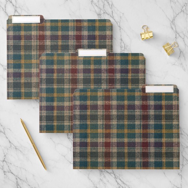 Classic Dark Green Burgundy Plaid Retro File Folder