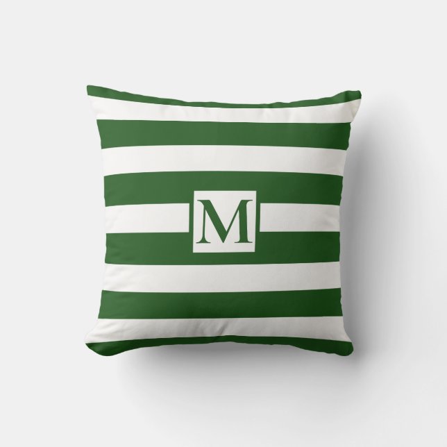 Classic dark green evergreen white strips monogram throw pillow (Front)