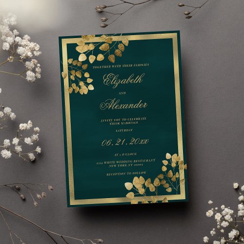 Classic dark green gold eucalyptus elegant wedding invitation