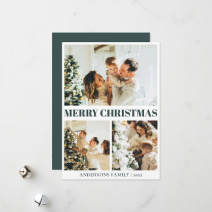 Classic Dark Green Minimal Christmas Photo Grid Holiday Card
