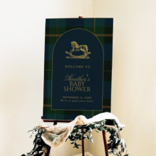 Classic Dark Green Plaid Baby Shower Welcome Sign
