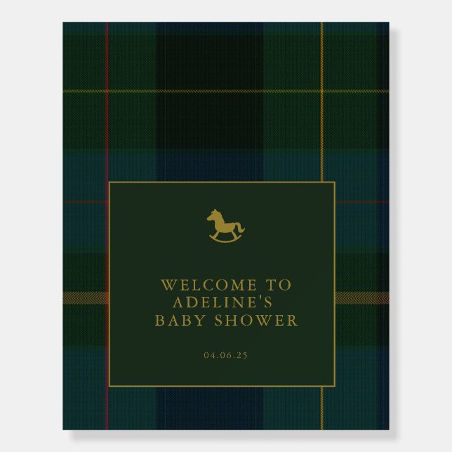 Classic Dark Green Plaid Baby Shower Welcome Sign (Front)