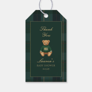 Classic Dark Green Plaid Bear Baby Shower Gift Tag