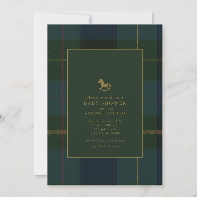 Classic Dark Green Plaid Equestrian Baby Shower Invitation (Front)