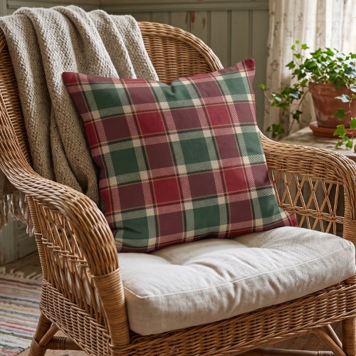 Classic Dark Green Red Yellow Plaid Pattern Throw Pillow
