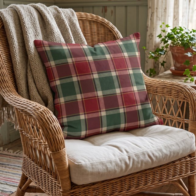 Classic Dark Green Red Yellow Plaid Pattern Throw Pillow (Creator Uploaded)