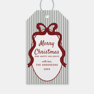 Classic Dark Green Stripes & Bow Frame Christmas Gift Tags