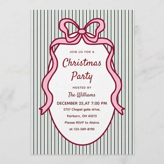 Classic Dark Green Stripes & Pink Bow Christmas  Invitation (Front)
