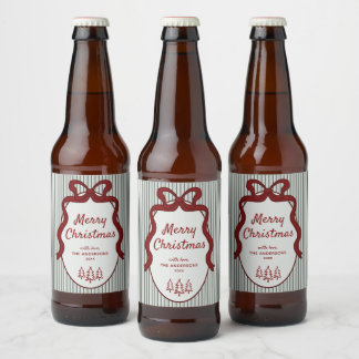 Classic Dark Green Stripes & Red Bow Christmas Beer Bottle Label