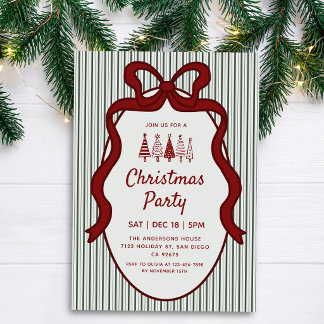 Classic Dark Green Stripes & Red Bow Christmas Invitation