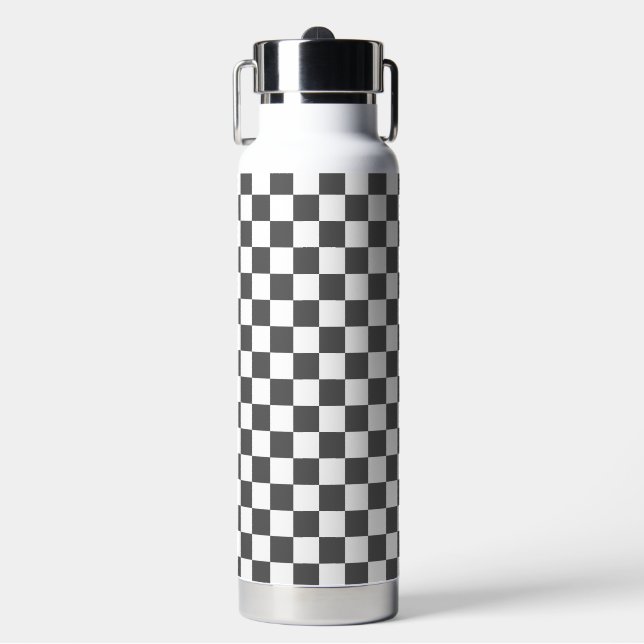 Classic dark grey checkerboard water bottle (Front)