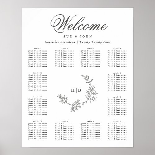 Classic Dark Grey Monogram Wreath Floral Wedding Poster