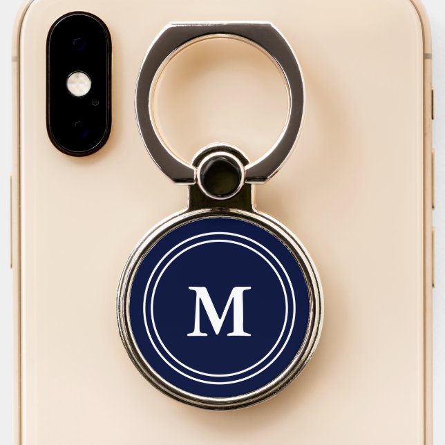 Classic Dark Midnight Blue and White Monogrammed Phone Ring Stand (Close Up)