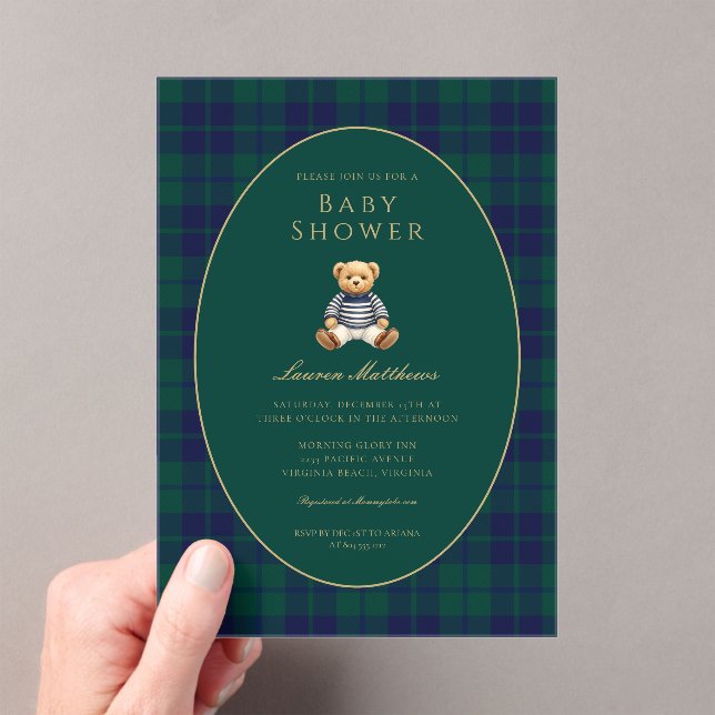 Classic Dark Plaid Baby Shower Acrylic Invitation (Insitu (Handheld))