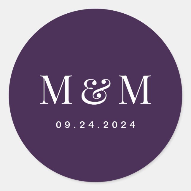 Classic Dark Purple Monogram Typography Wedding Round Sticker (Front)