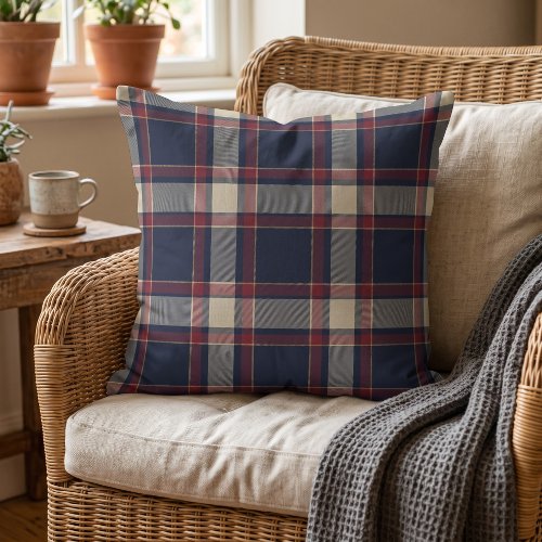 Classic Dark Red Blue Ivory Cream Plaid Pattern Throw Pillow