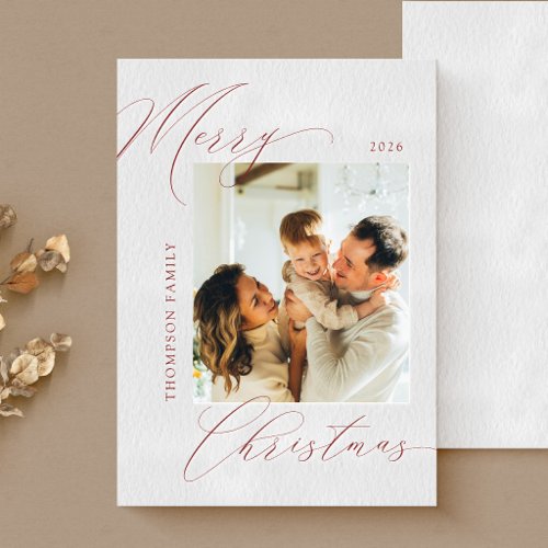 Classic Dark Red Merry Christmas Family Photo Letterpress Photo Cards