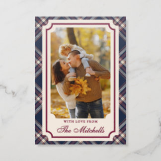 Classic Dark Red Pink Blue Plaid Pattern Holiday Letterpress Photo Cards