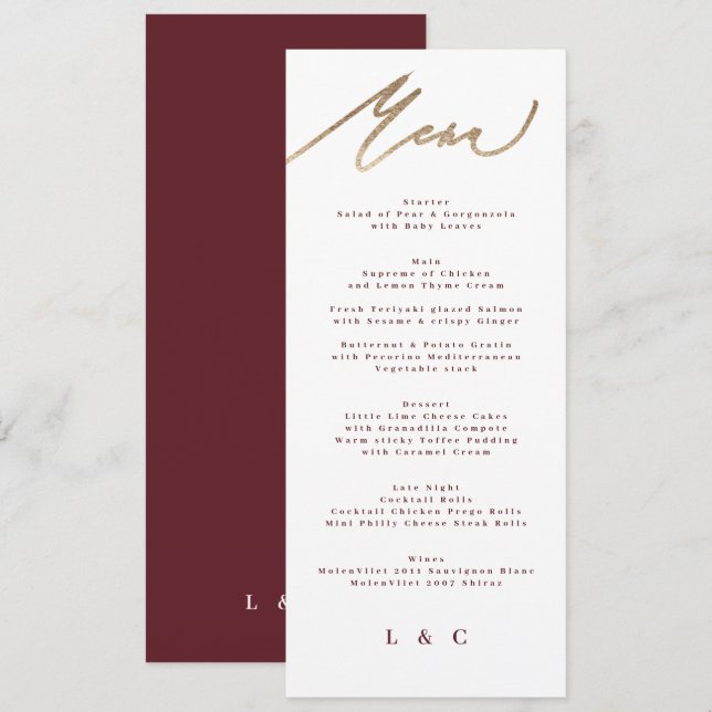 Classic Dark Red Plum Burgundy Calligraphy Wedding Menu (Front/Back)
