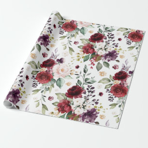Classic Dark Red Purple White Watercolor Floral Wrapping Paper
