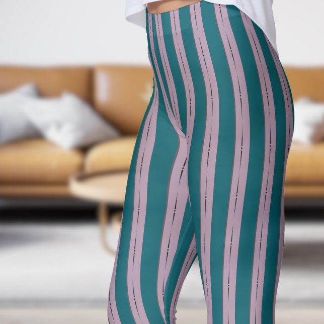 Classic Dark Teal and Pink Strip Pattern Leggings (Classic Dark Teal and Pink Strip Pattern Leggings)