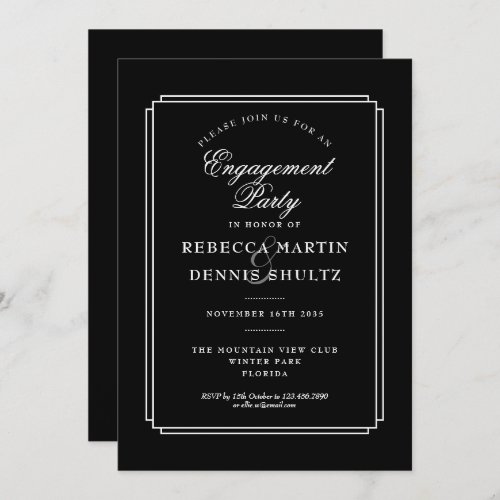 Classic Deco  Black and White Engagement Party Invitation