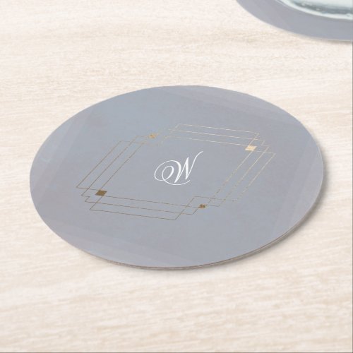 Classic Deco Gold Vintage Grey Calligraphy Wedding Round Paper Coaster