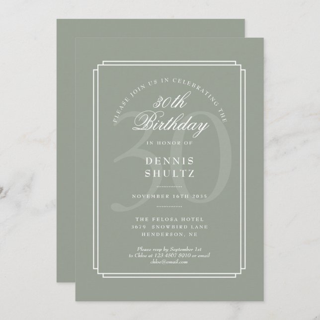 Classic Deco | Sage and White 30th Birthday Invitation (Front/Back)